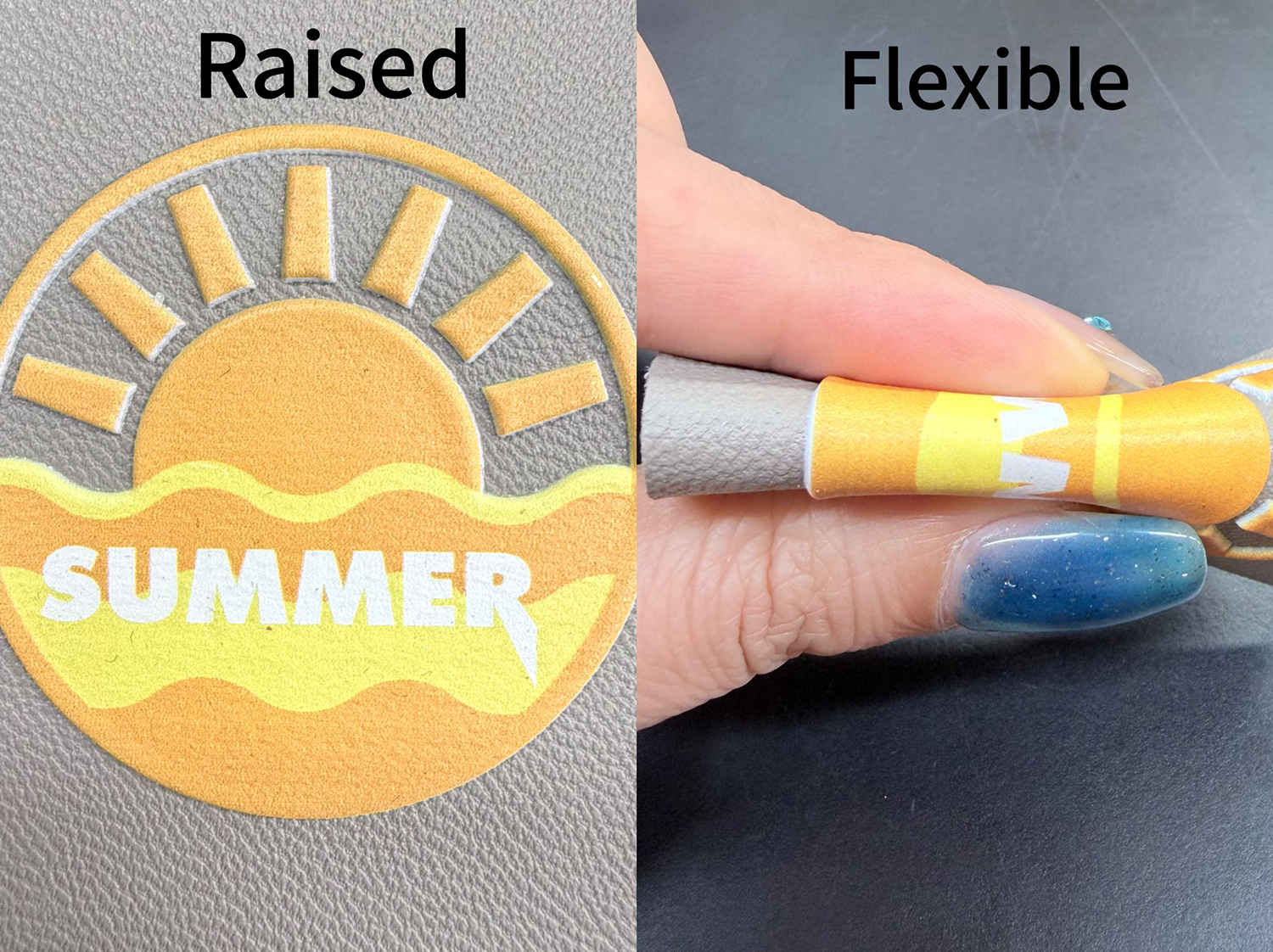 artisJet flexible raised logo — soft ink on leatherette